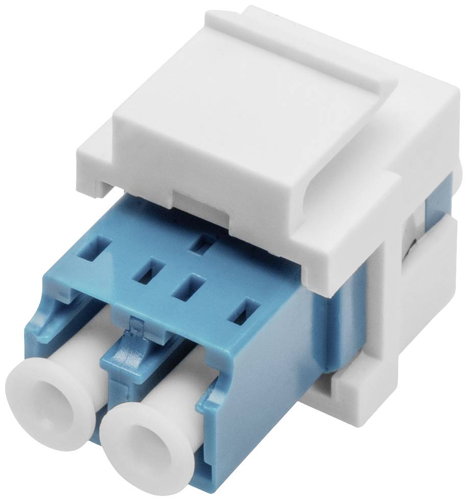 Un connecteur LC-Duplex bleu et blanc pour câbles à fibre optique, adapté à une utilisation dans des panneaux de brassage ou des prises réseau.