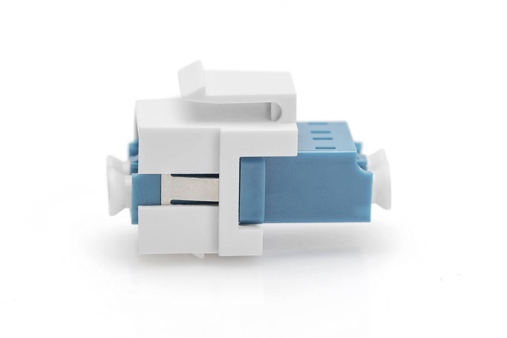 Un module de fibre optique LC Duplex blanc et bleu. Il est conçu pour les connexions réseau dans les applications informatiques et dispose d'un format compact.