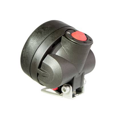 Appareil noir et rond avec un bouton-poussoir rouge, monté sur un support métallique, probablement un interrupteur ou un composant d'un système technique.