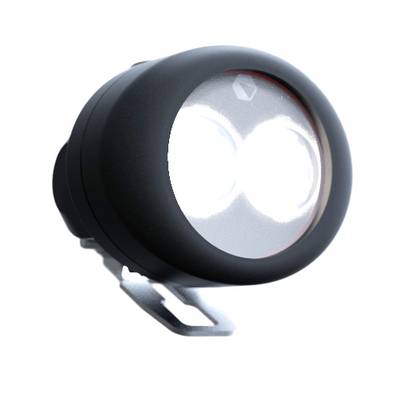 Projecteur LED rond à boîtier noir, montable sur guidon ou casque de vélo, pour une meilleure visibilité lors de trajets nocturnes.