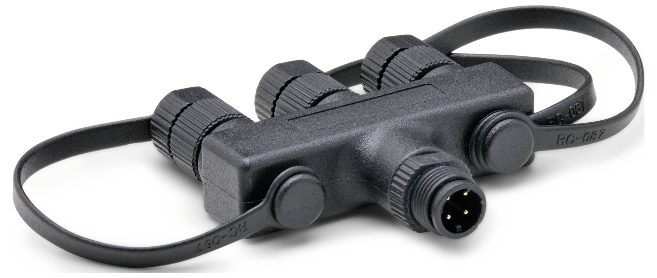 Un câble répartiteur noir en Y avec trois connecteurs, utilisé pour diviser des signaux électriques. Les câbles sont soigneusement enroulés.