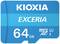 Carte microSD bleue portant l'inscription « KIOXIA EXCERIA », capacité de stockage « 64 Go », et les symboles « microSDXC », « U1 », « I ».