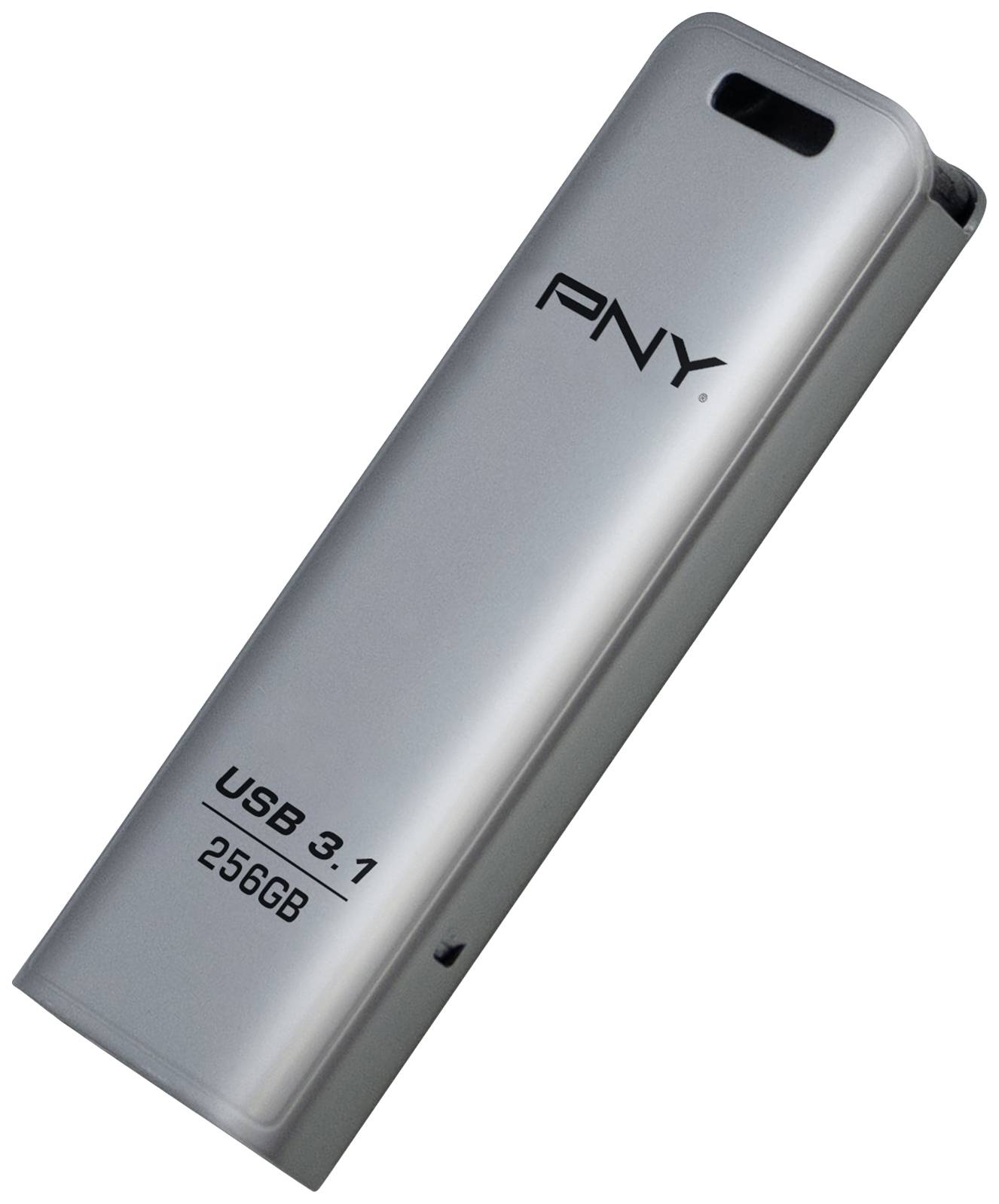 Une clé USB argent de 256 Go de capacité de stockage, avec technologie USB 3.1, de la marque PNY.