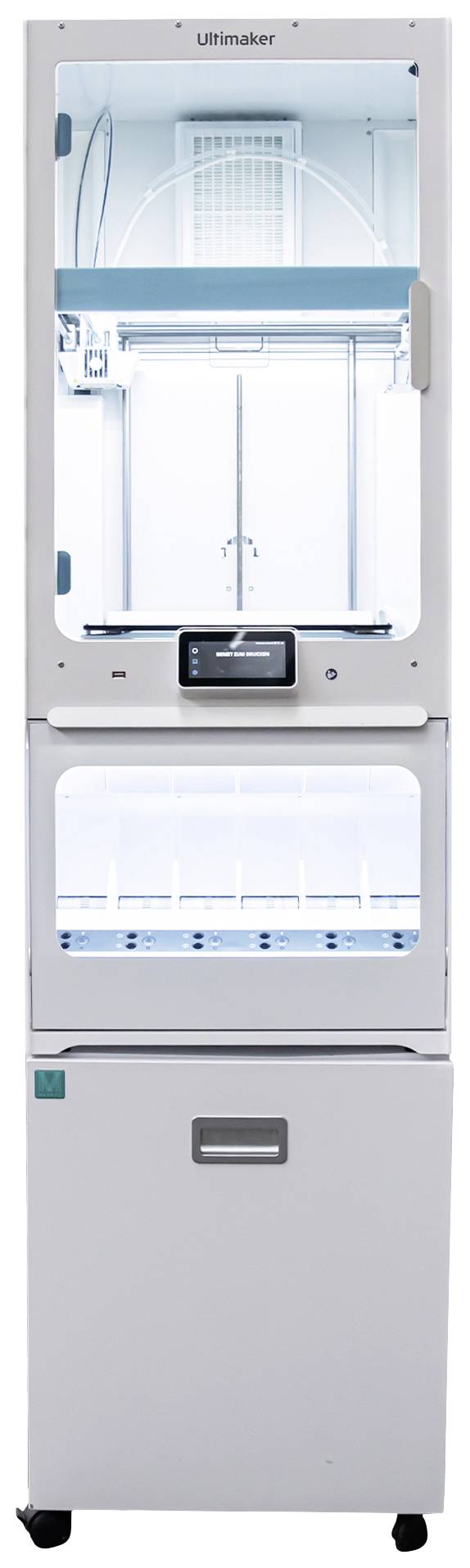 'Imprimante 3D dans un boîtier blanc avec écran de contrôle et support de bobine de filament. Installée sur un meuble à roulettes.'