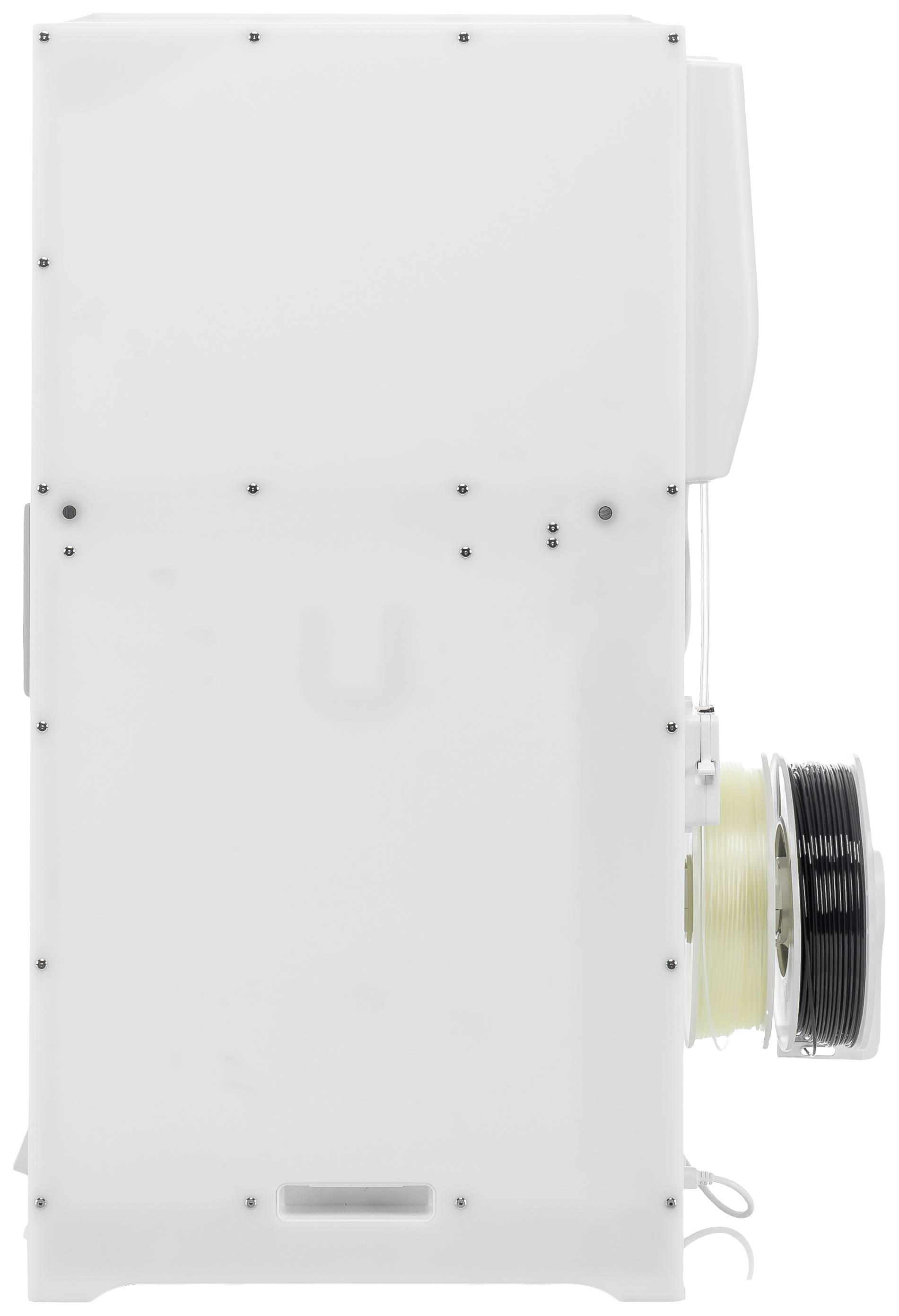 Vue latérale d'une grande imprimante 3D blanche avec support de bobine et bobine de filament installée. L'imprimante arbore un design minimaliste.