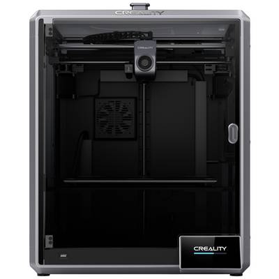 Une imprimante 3D de la marque Creality avec boîtier fermé. L'imprimante est équipée d'une porte frontale, d'un ventilateur et d'un écran d'affichage.