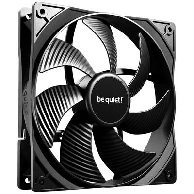 Ventilateur d'ordinateur noir avec le logo de marque 'be quiet!' au centre, montrant cinq pales de rotor aérodynamiques en vue latérale.