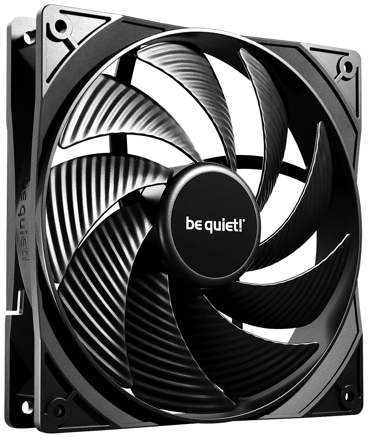 Dissipateur thermique noir pour ordinateur avec des pales de ventilateur larges et bombées, portant l'inscription 'be quiet!' au centre.