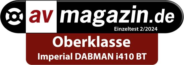'AV Magazine Test individuel 2/2024 : Imperial DABMAN i410 BT de classe supérieure.' Sceau avec le logo 'avmagazin.de' à côté à droite.