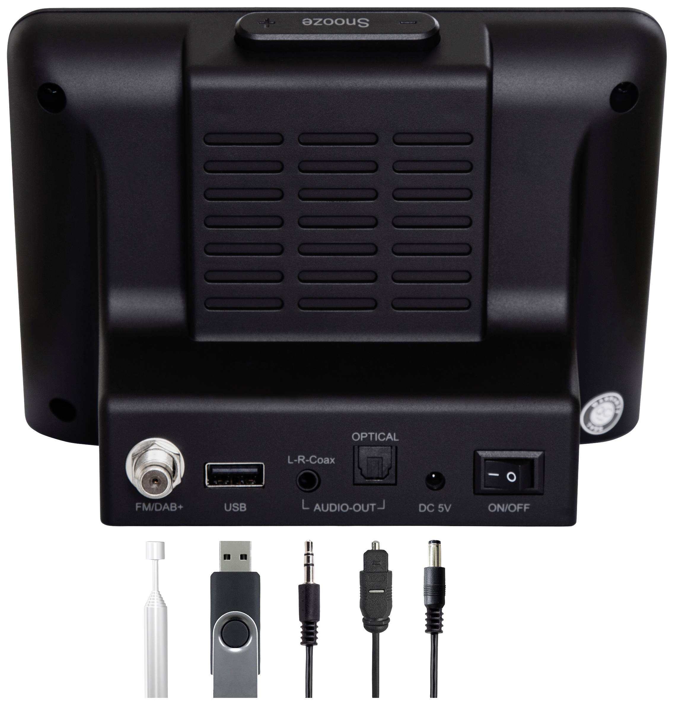 Vue arrière d'un appareil électronique avec connexions et interrupteurs : FM/DAB+, USB, sortie optique, alimentation électrique. Accessoires : clé USB, câble audio, câble d'alimentation.