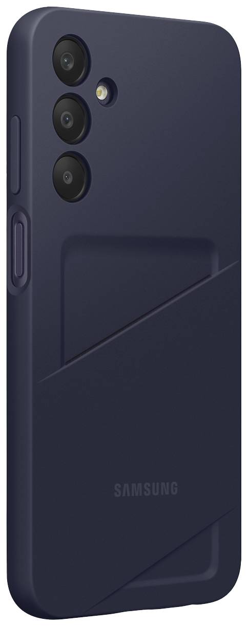 Coque de téléphone Samsung en bleu marine, avec trois ouvertures pour caméras et un flash, ainsi qu'un design texturé sur l'arrière.