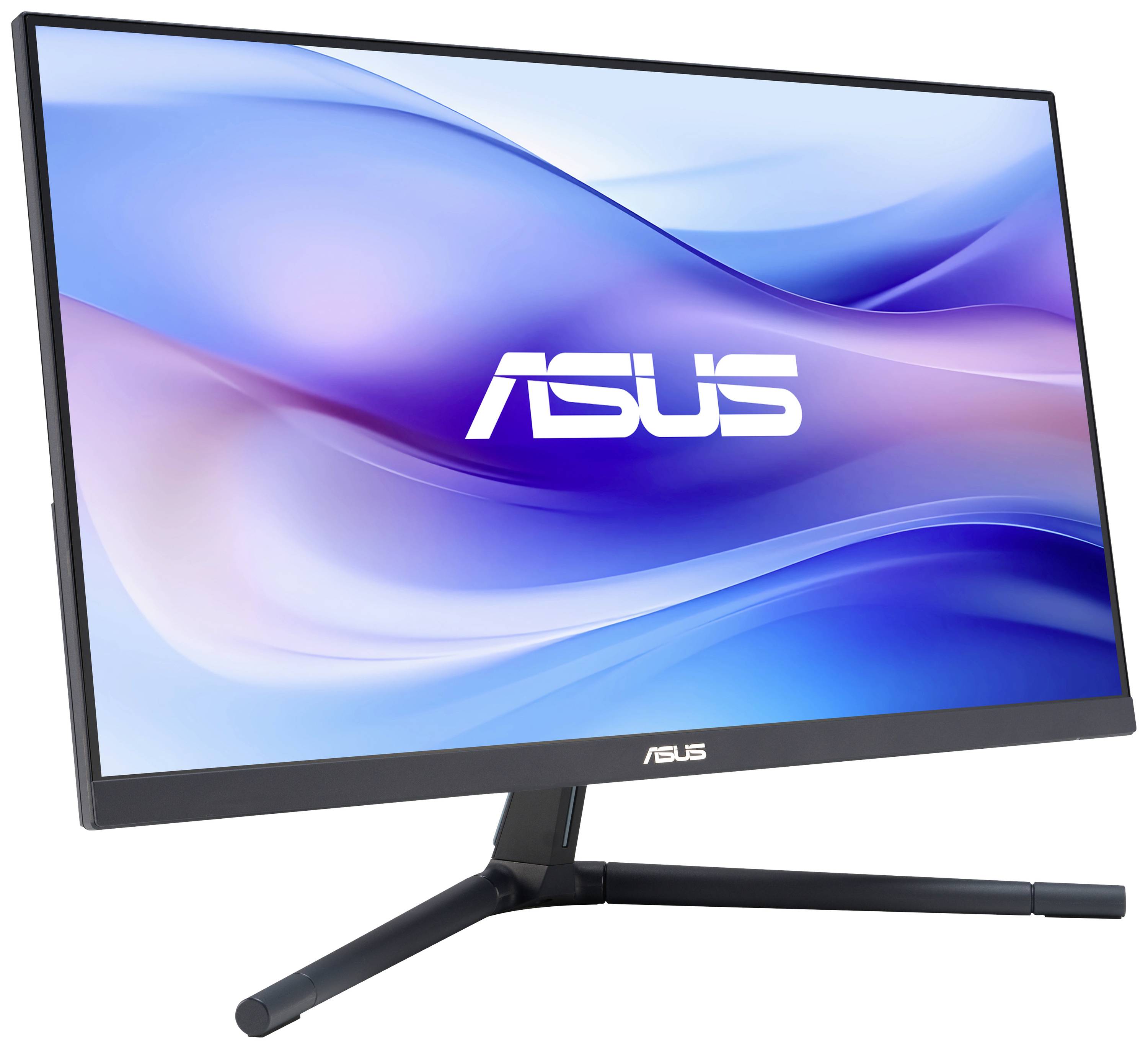 Moniteur Asus avec un arrière-plan bleu ondulé à l'écran. Le moniteur est posé sur un support triple noir.