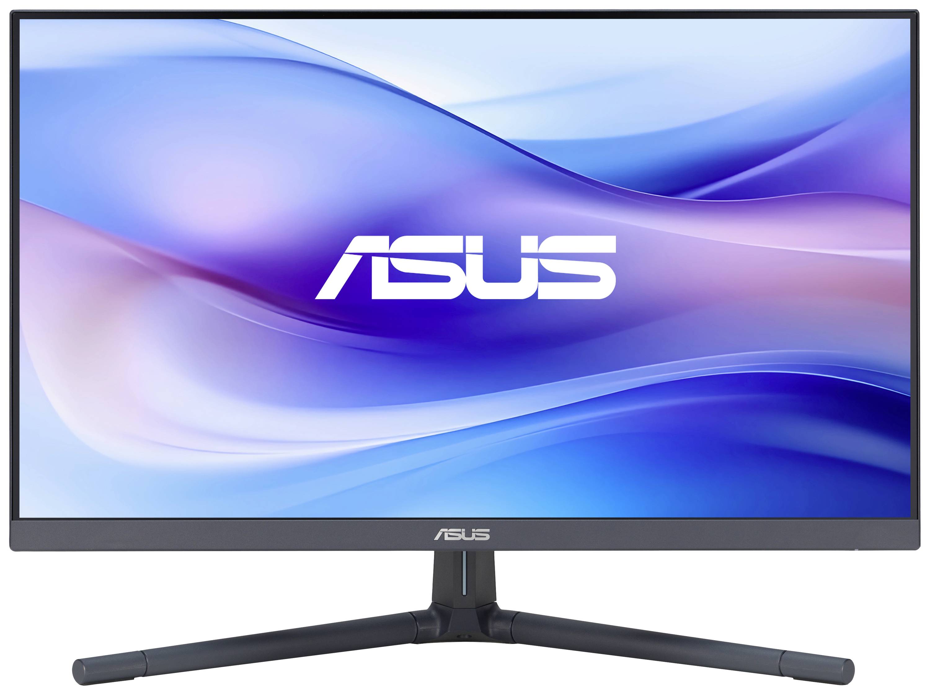 Un moniteur ASUS avec un cadre noir et un support simple affiche un fond d'écran avec des vagues bleues et violettes.