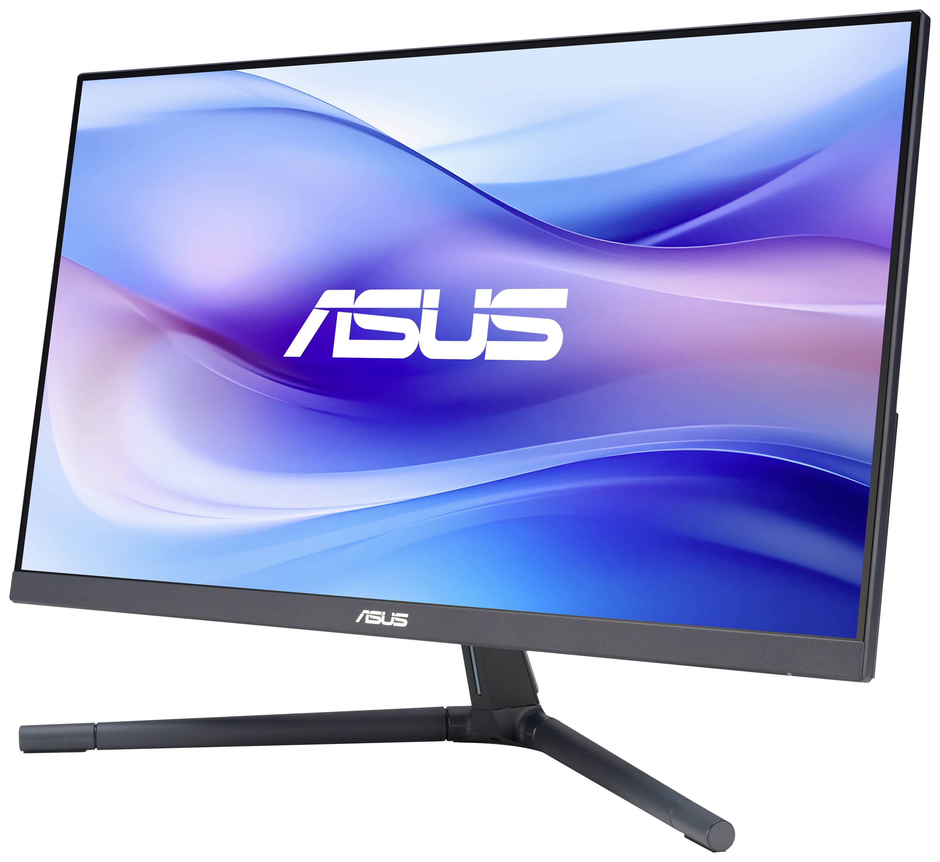 Un moniteur ASUS à bordure étroite affiche le logo de la marque sur un fond bleu-violet.