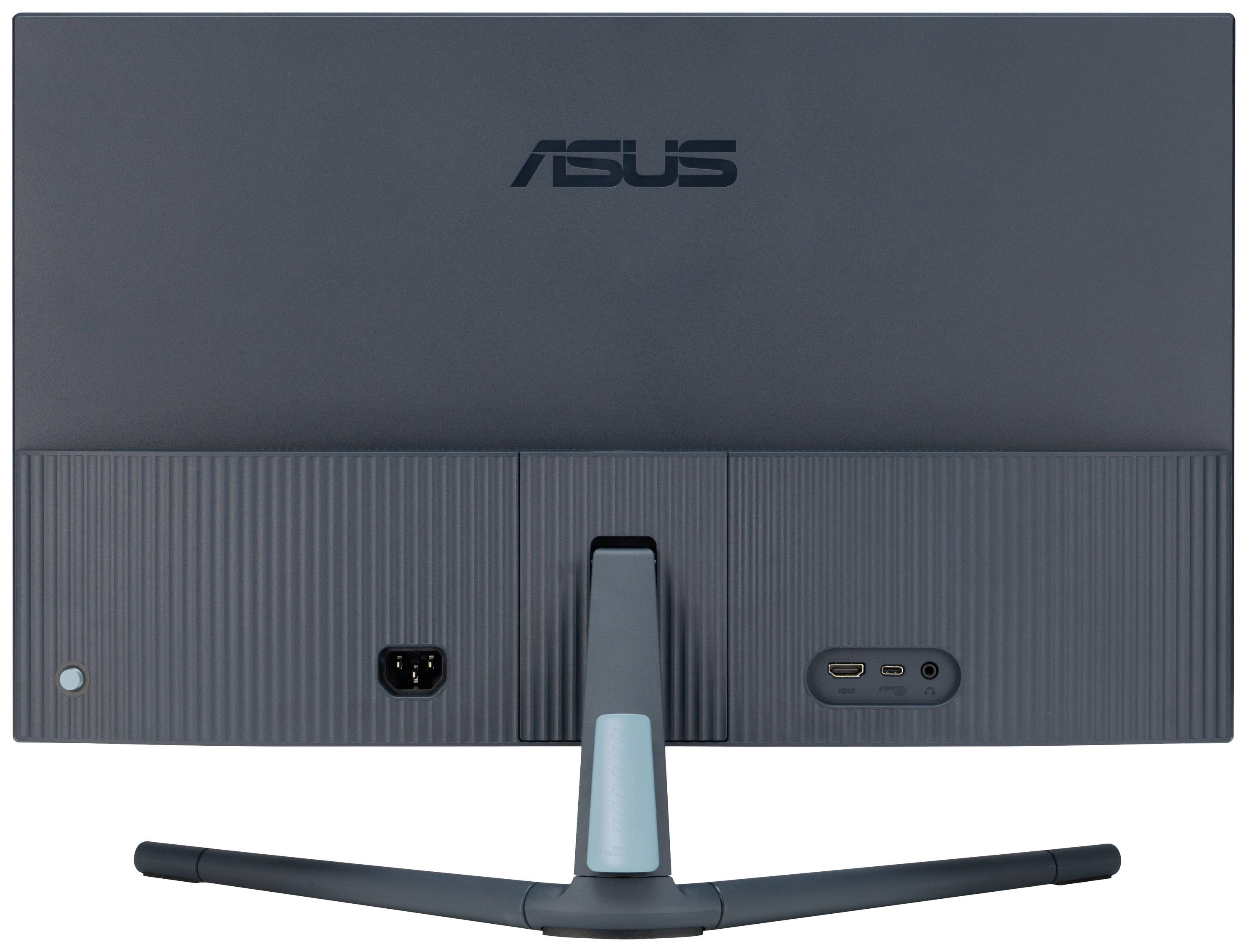 Arrière d'un moniteur ASUS avec connexion d'alimentation et ports USB, boîtier sombre et support élégant.