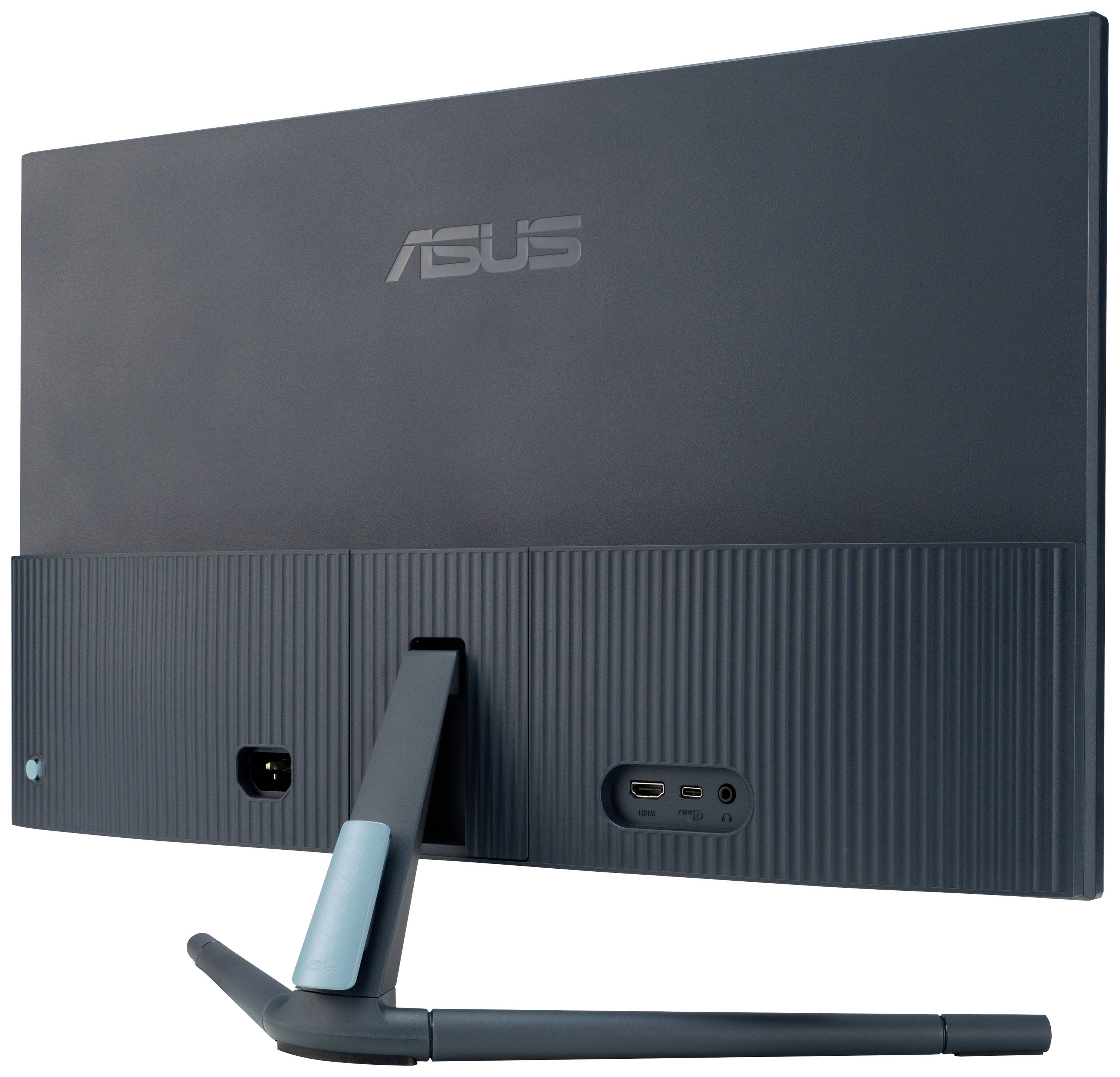 Vue arrière d'un moniteur bleu avec un logo de marque, un socle et plusieurs ports en bas.