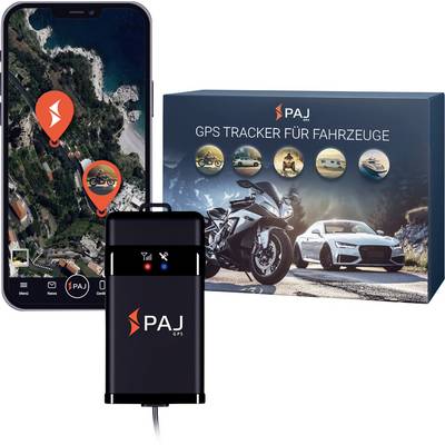 Image de produit du suivi GPS PAJ pour véhicules avec application de carte sur smartphone, appareil de suivi et boîte de vente au détail étiquetée « TRACEUR GPS POUR VÉHICULES ».