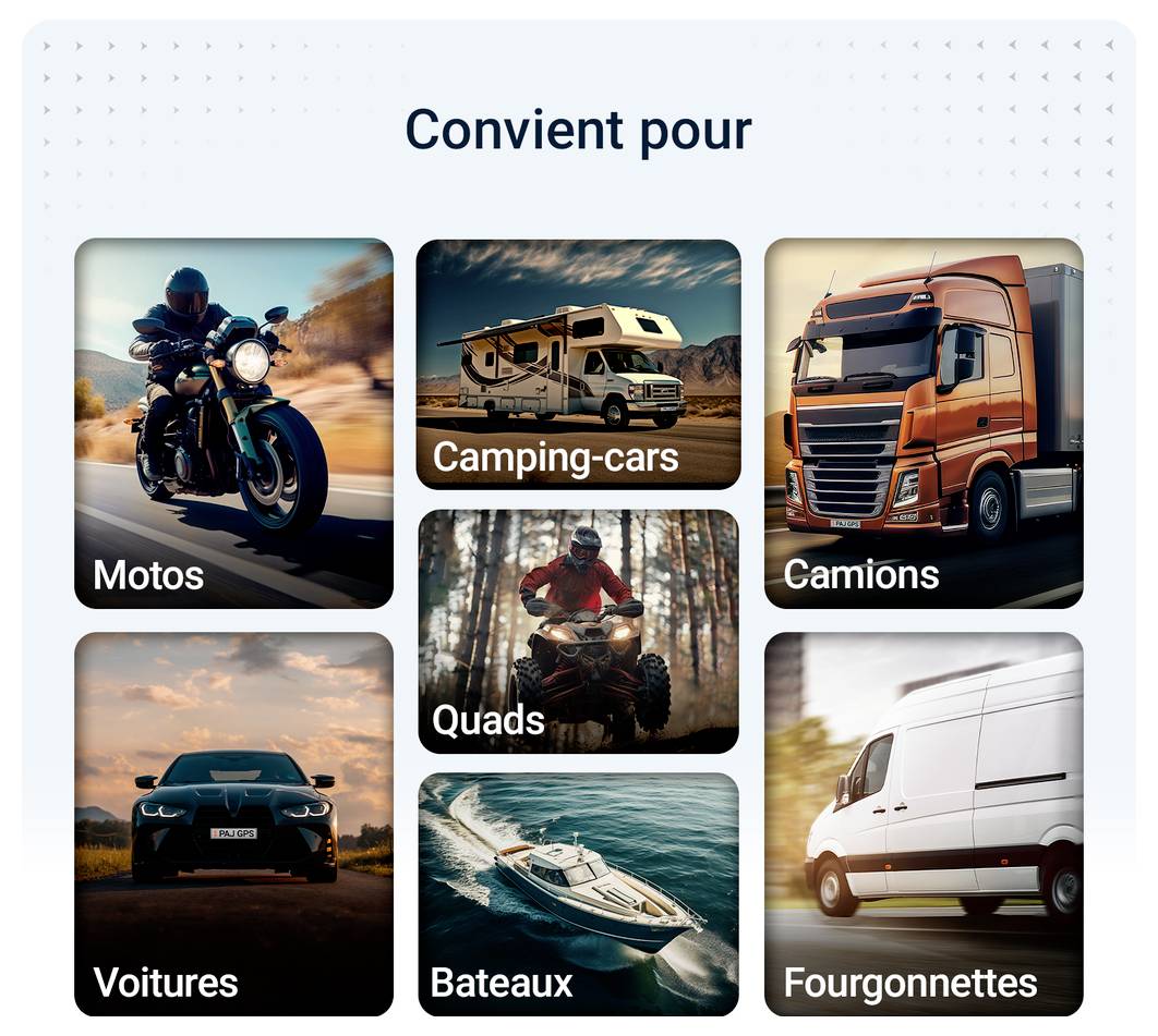 Aperçu « Convient pour » avec six motifs de véhicules : motocyclette, camping-car, camion, voiture, quad et fourgonnette.