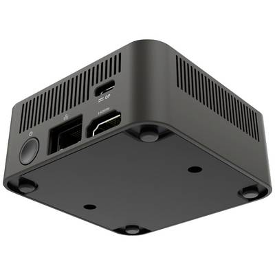 Un petit ordinateur miniature carré avec un boîtier noir et différentes connexions, dont HDMI et USB.