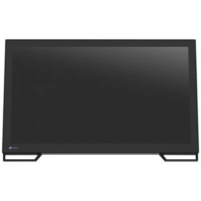 Un grand écran plat noir avec un socle carré de chaque côté, adapté à un bureau ou une table de salon.