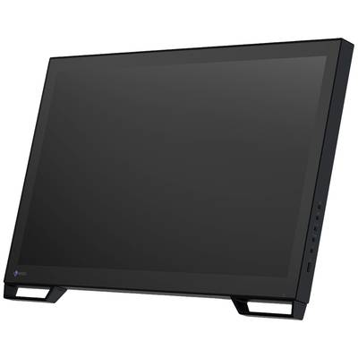 Un moniteur d'ordinateur noir, ergonomiquement incliné, avec un cadre étroit, adapté à une utilisation dans des environnements professionnels.