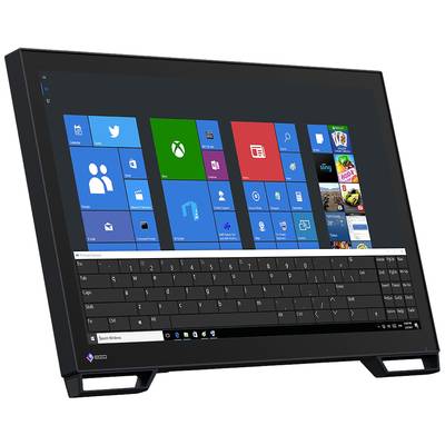 Un écran noir affiche le bureau de Windows avec plusieurs icônes d'applications et un clavier virtuel en bas de l'écran.