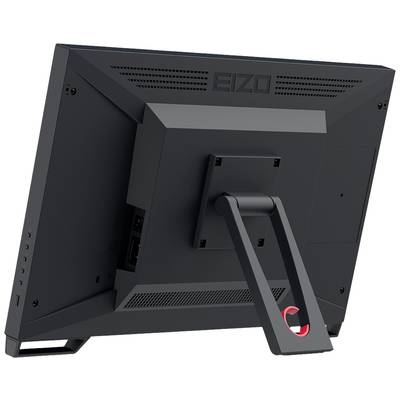 Un écran d'ordinateur noir vu de dos, avec un socle stable et plusieurs ports à l'arrière.