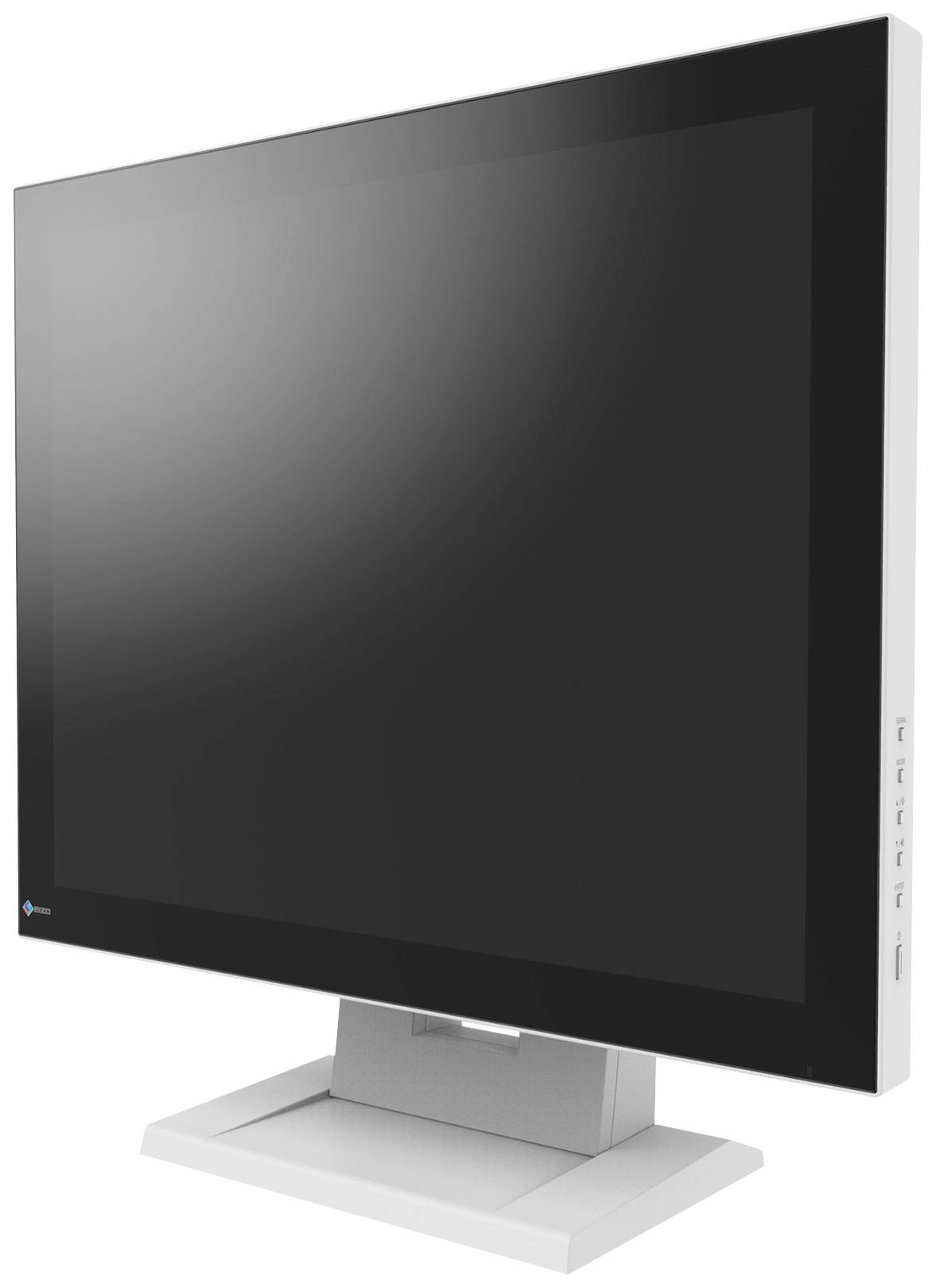 Un écran d'ordinateur moderne avec un écran noir et un cadre argenté est placé en biais dans un design de bureau épuré.