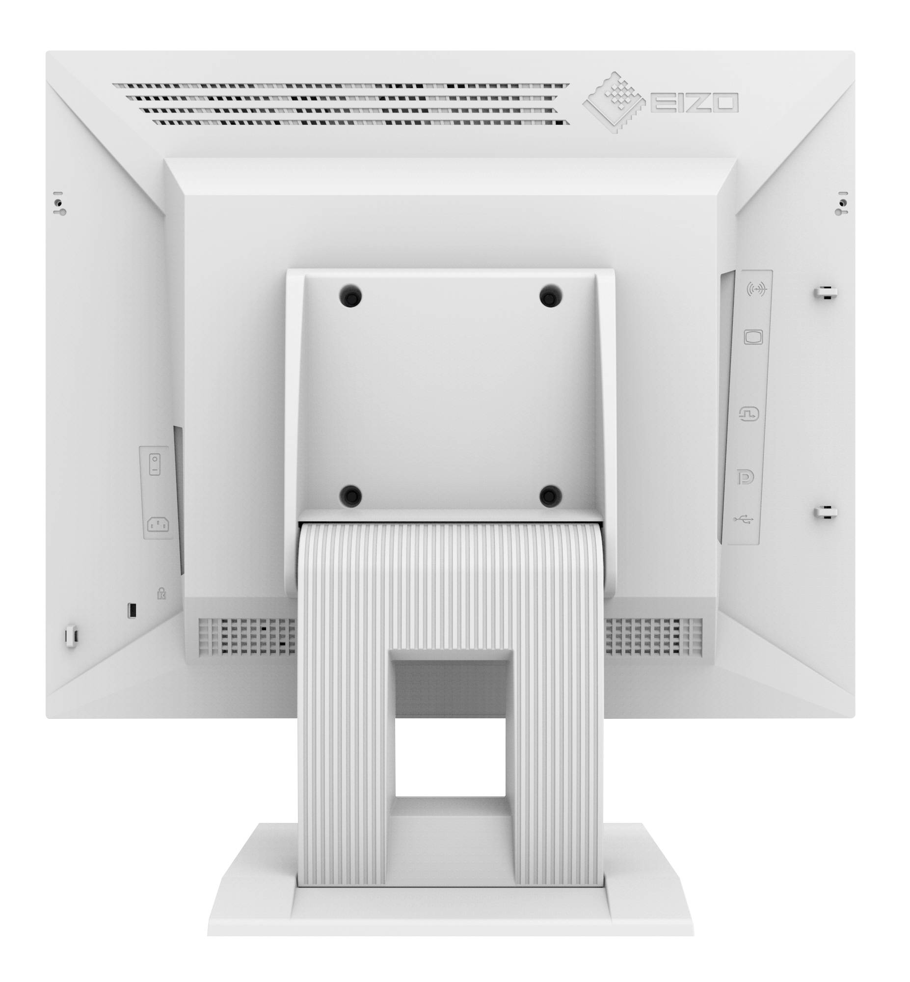 L'arrière du moniteur présente ses connecteurs et commandes. Logo de la marque en haut à droite, grille de ventilation en haut. Socle vertical.
