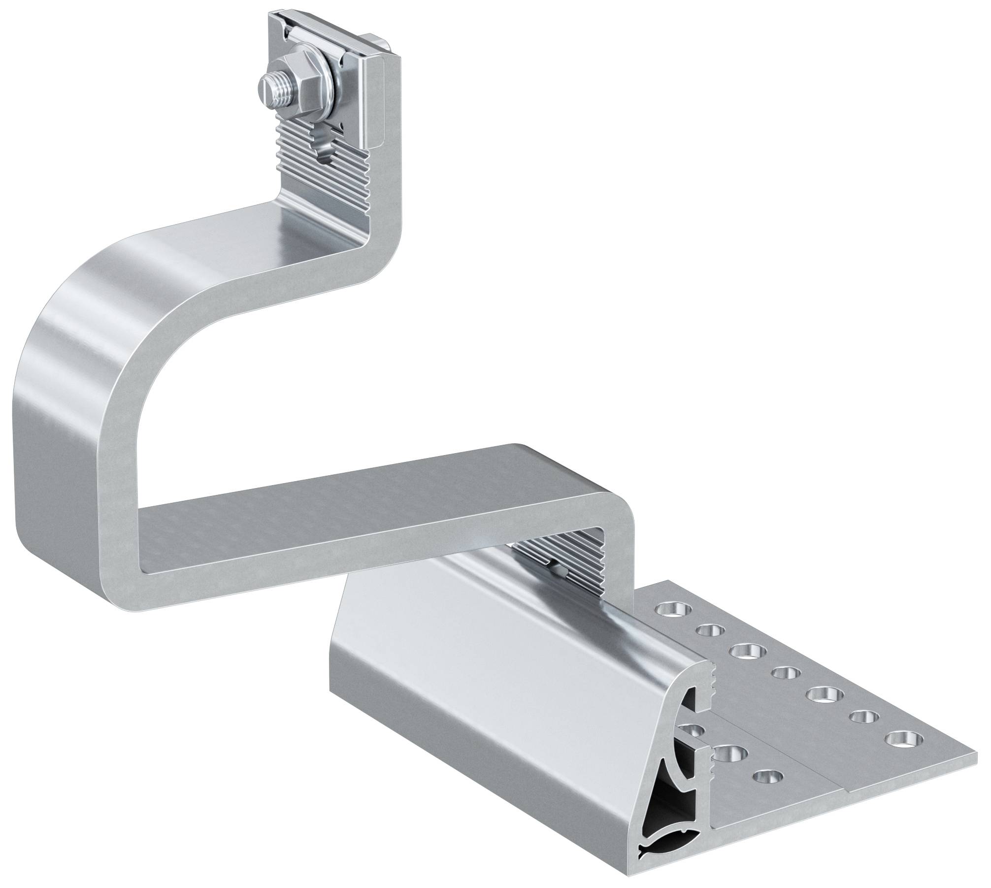 Support métallique avec crochet incurvé, fixé sur une plaque de montage plate percée de trous, destiné à être installé sur des surfaces.