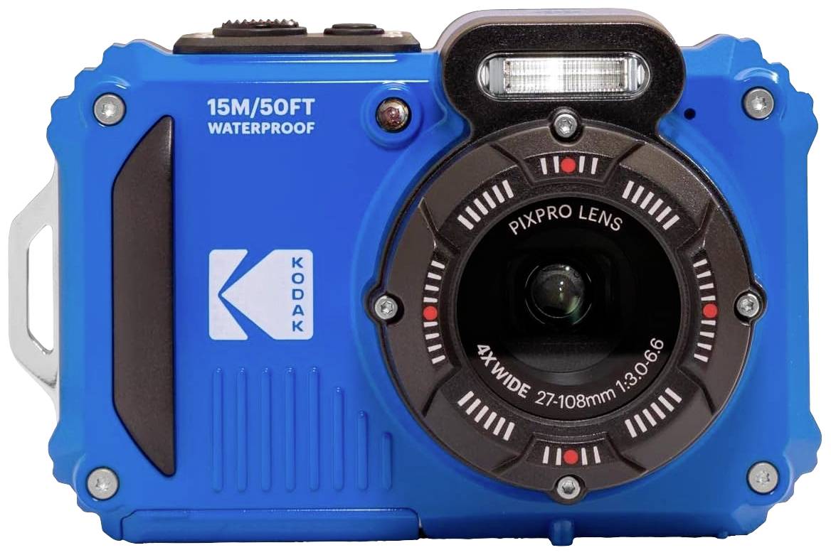 Appareil photo bleu étanche avec l'inscription '15M/50FT' et 'KODAK', objectif grand angle avec spécifications techniques sur la face avant.