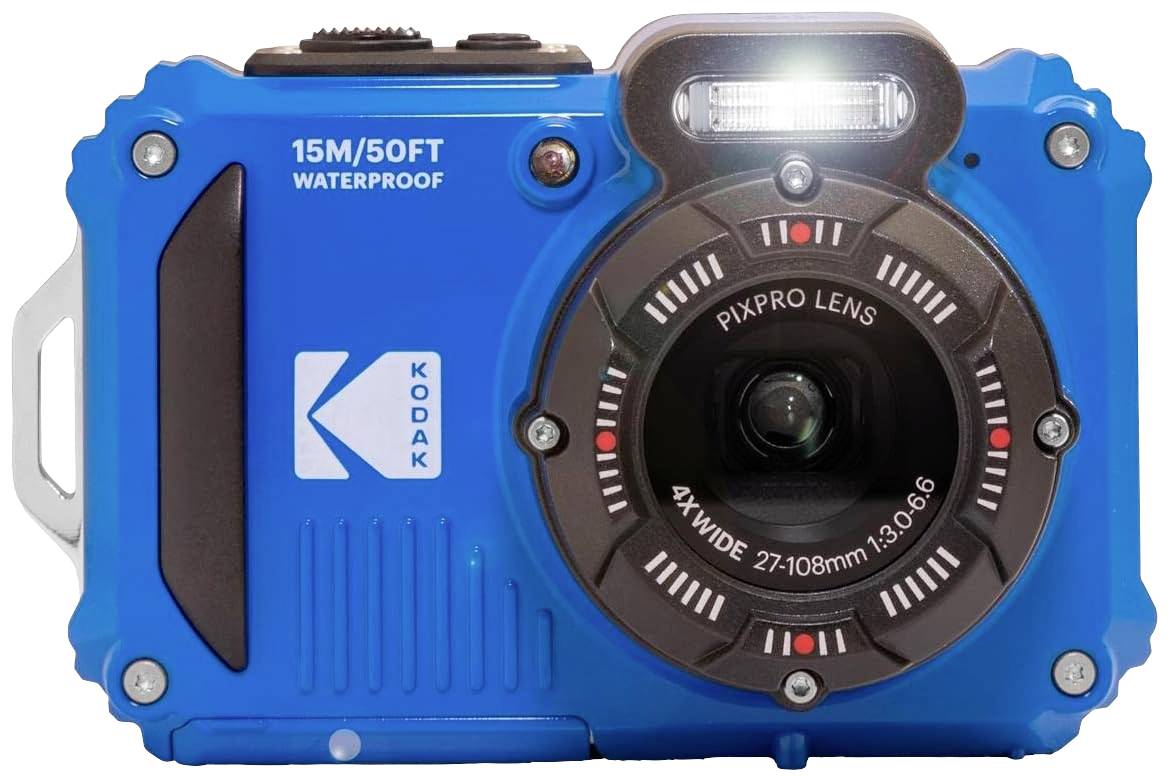 Un appareil photo Kodak bleu, étanche, avec l'indication 15M/50FT. Objectif principal portant les inscriptions 'PIXPRO LENS' et '4XWIDE 27-108mm'.