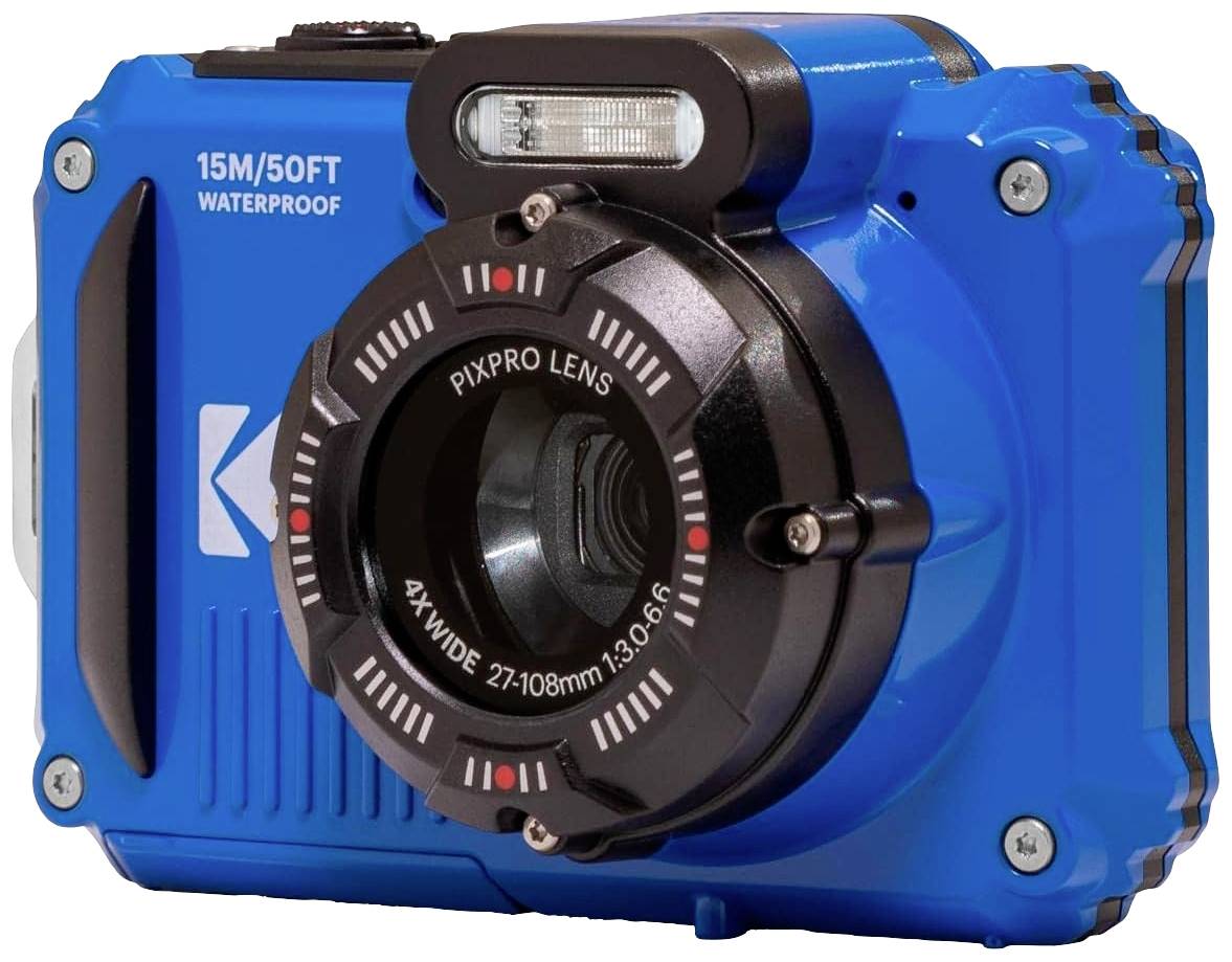 Appareil photo bleu, étanche à l'eau, avec flash et inscription sur l'objectif 'Pixpro Lens 4X Wide 27-108mm'. Adapté jusqu'à 15 mètres de profondeur.
