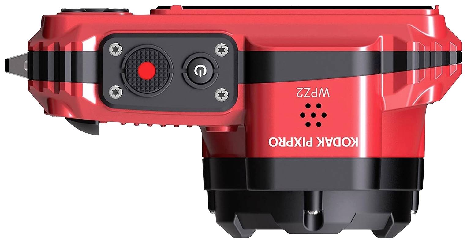 Capteur de caméra rouge de la marque Kodak Pixpro avec des accents noirs et un bouton marche/arrêt visible.