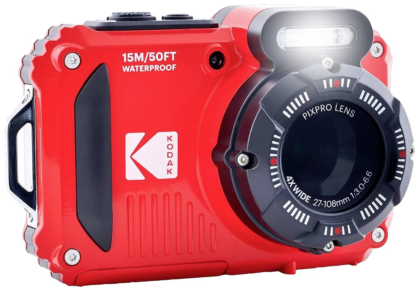 Appareil photo numérique rouge étanche portant l'inscription '15M/50FT WATERPROOF', adapté aux prises de vue dans des environnements humides.