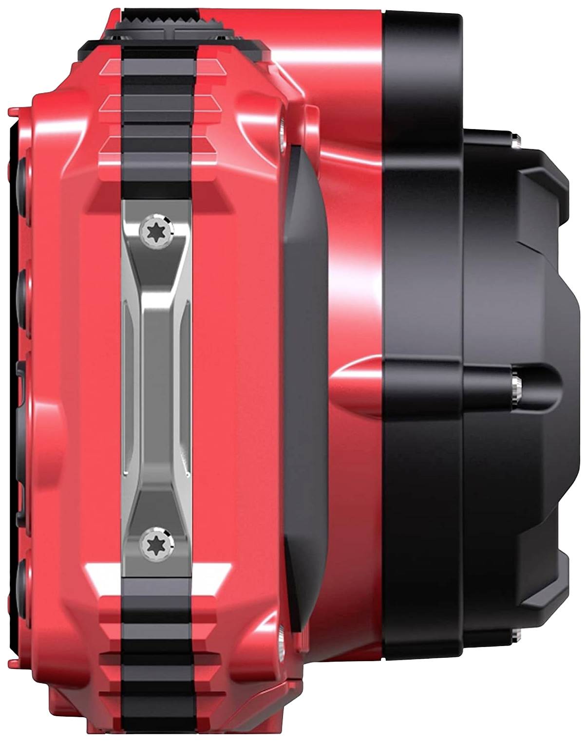 Montre de sport rouge, robuste, avec un boîtier distinctif et des commandes numériques, vue de côté.