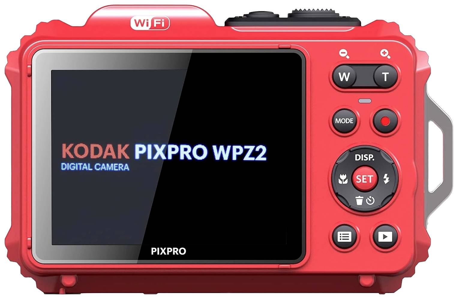 Arrière d'un appareil photo numérique rouge avec un écran affichant 'KODAK PIXPRO WPZ2'. Des touches de commande pour les réglages sont visibles.