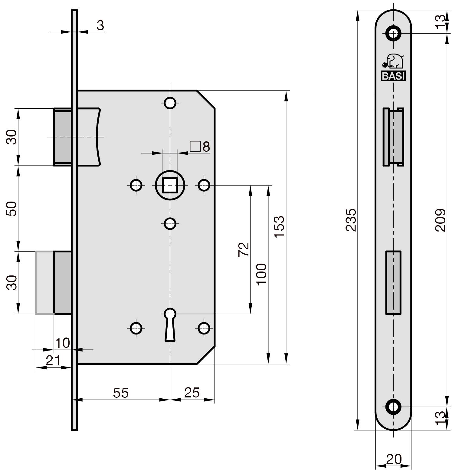 Dessin technique d'une serrure à encastrer. Présente les vues de face et de côté avec toutes les dimensions. Marque 'BASI' en haut à droite.