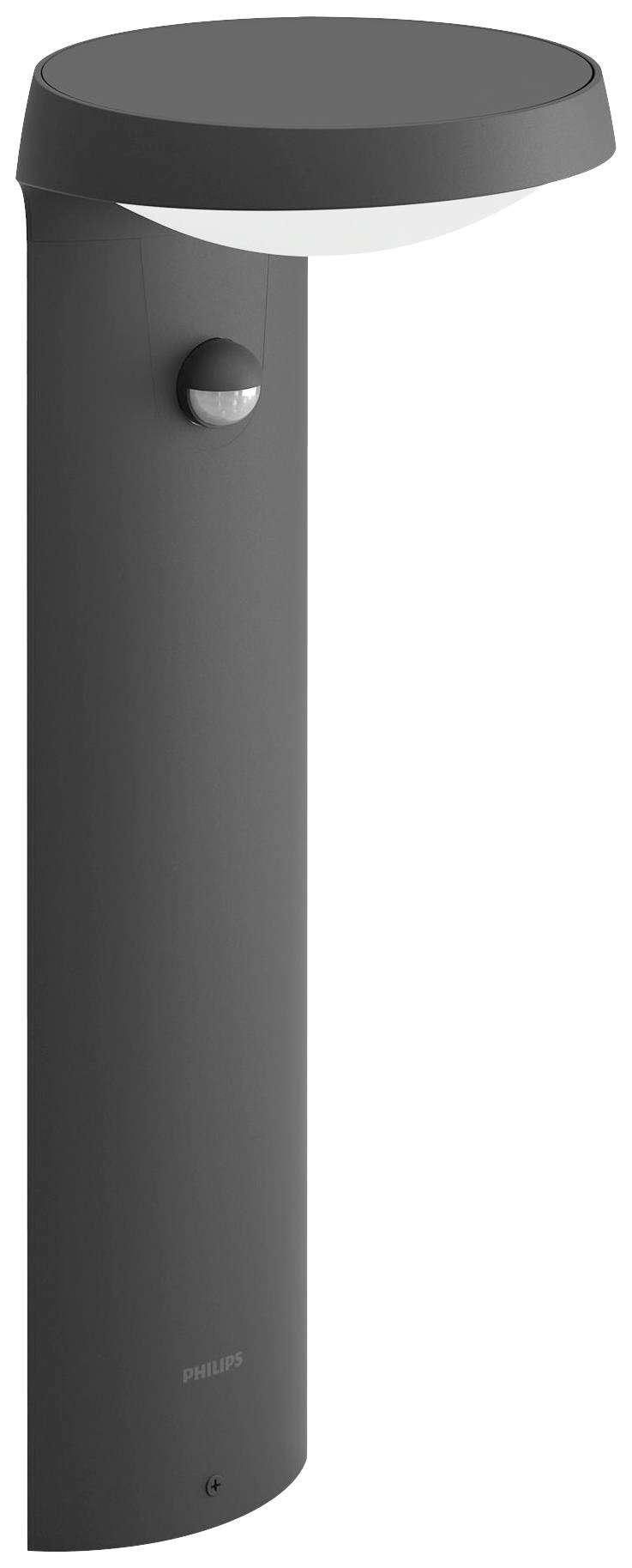 Un luminaire extérieur gris moderne de Philips avec un abat-jour rond et un détecteur de mouvement intégré sur un mât élancé.