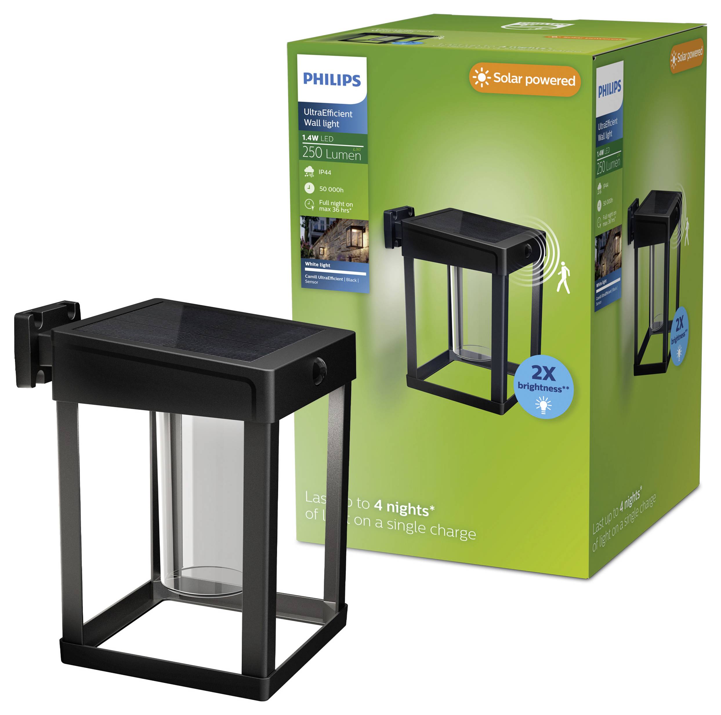 Lampe murale extérieure Philips alimentée par l'énergie solaire, couleur noire, avec son emballage produit, étiqueté « 250 Lumen » et « 2X brightness », pour l'éclairage extérieur.