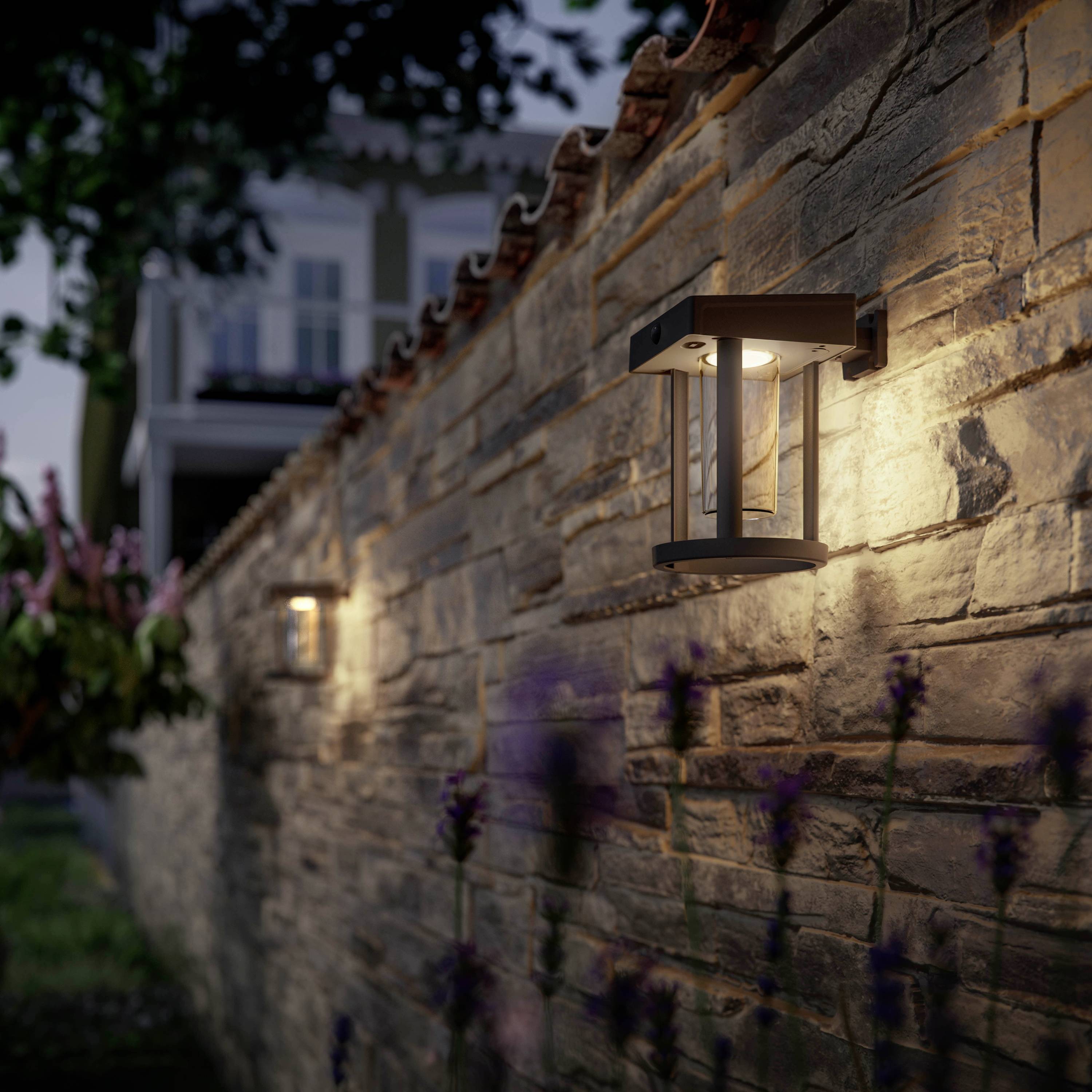Des lampes éclairent un mur de pierre dans un jardin au crépuscule, créant une atmosphère chaleureuse et accueillante.