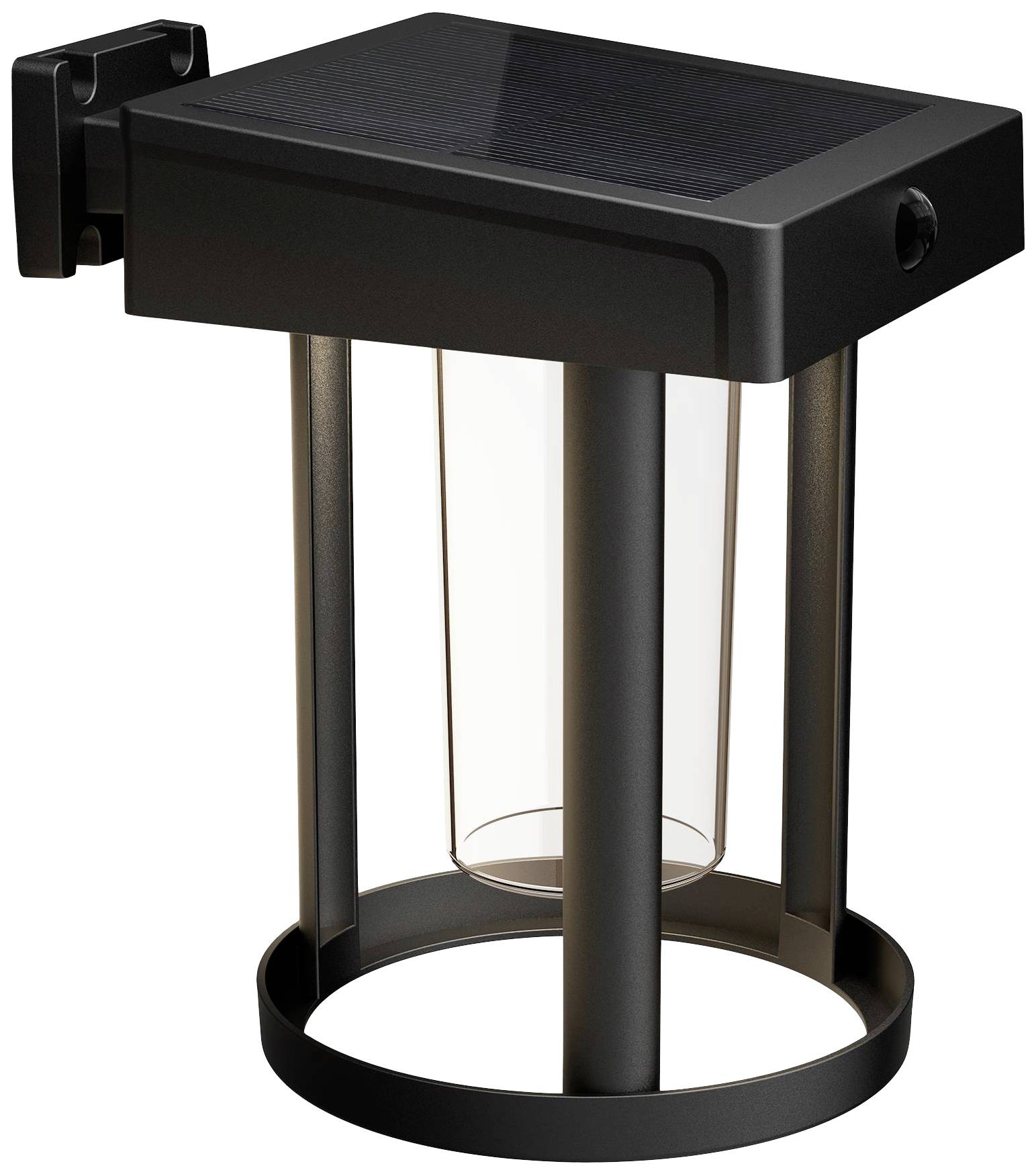 Lampe solaire noire d'extérieur, montage mural, avec cylindre transparent et panneau solaire rectangulaire sur le dessus.