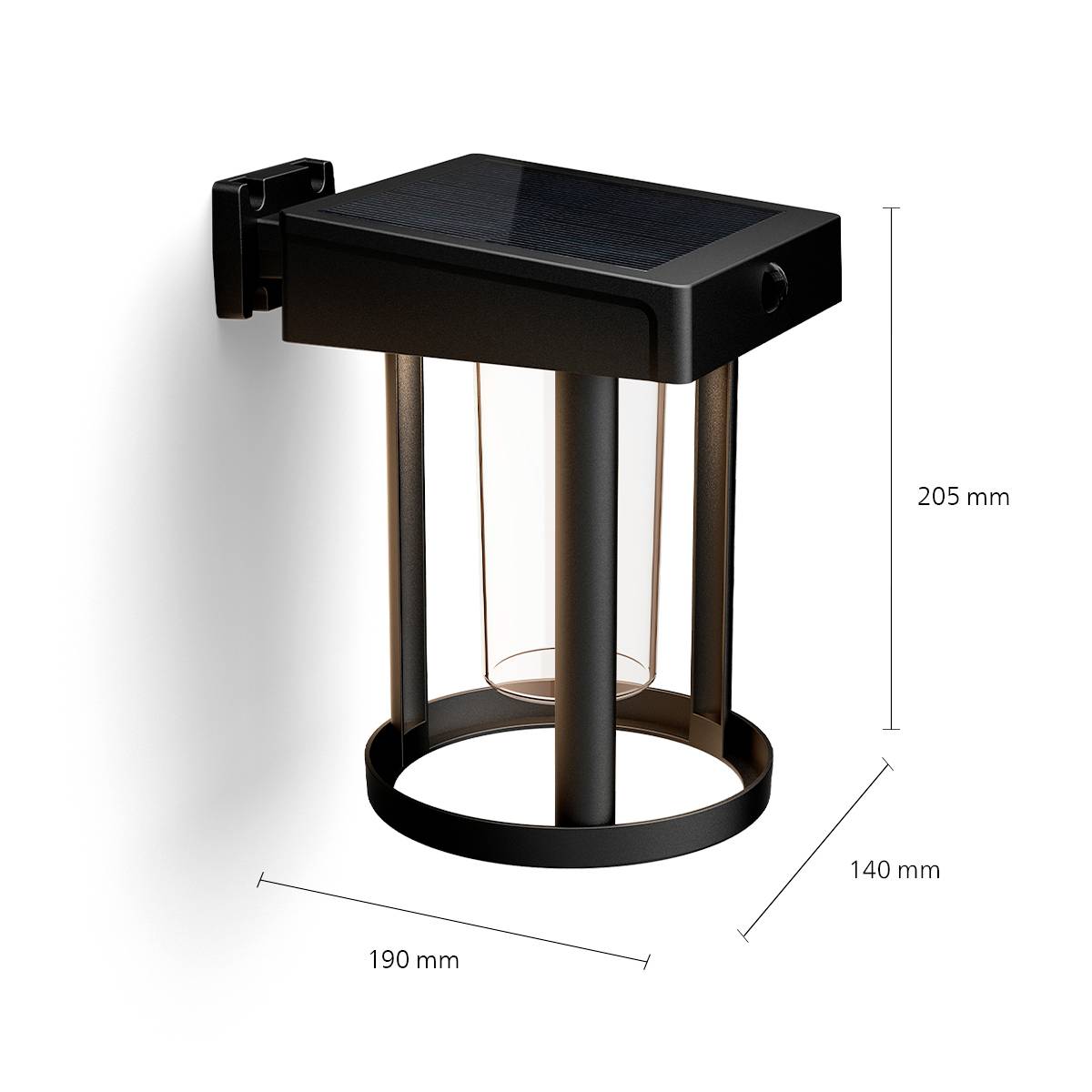 Lampe solaire noire pour montage mural, design cylindrique. Dimensions : hauteur 205 mm, diamètre 190 mm. Solution d'éclairage efficace.