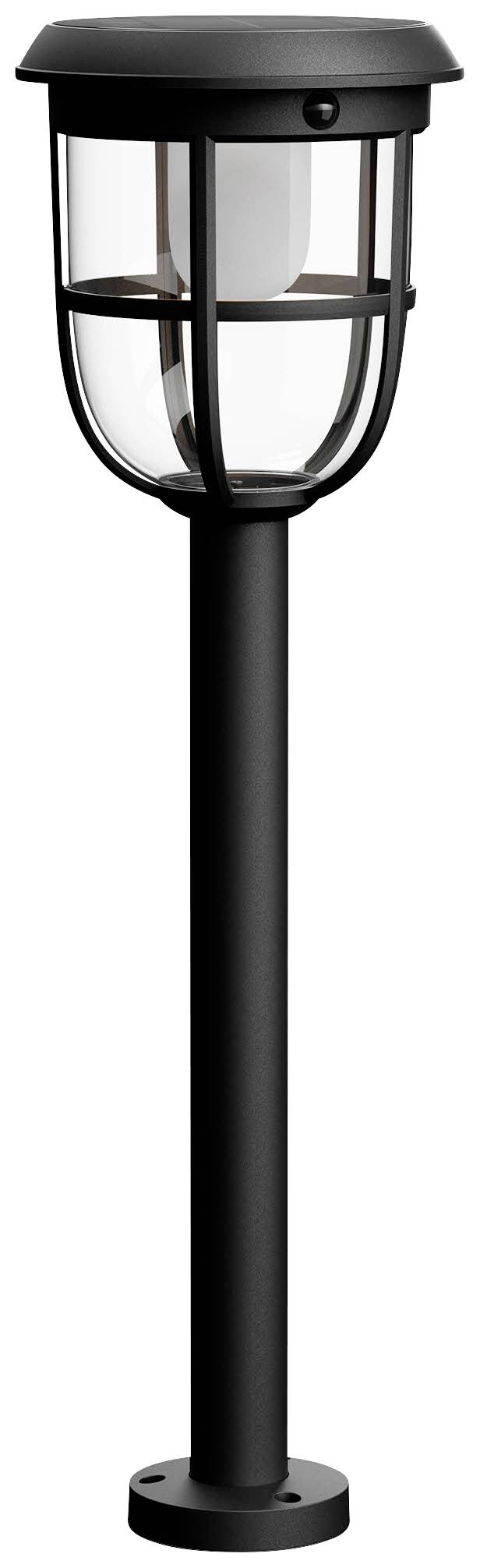 Un luminaire de jardin noir moderne avec un abat-jour rond transparent, monté sur un support haut et élégant.