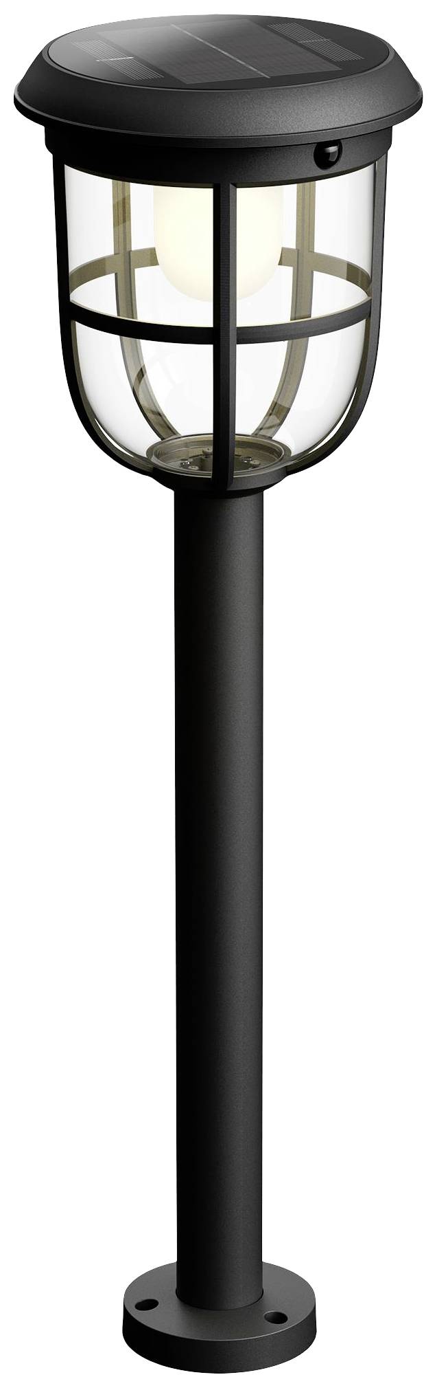 Luminaire d'extérieur solaire noir avec dôme en verre, monté sur un support haut et élancé, idéal pour les chemins de jardin.