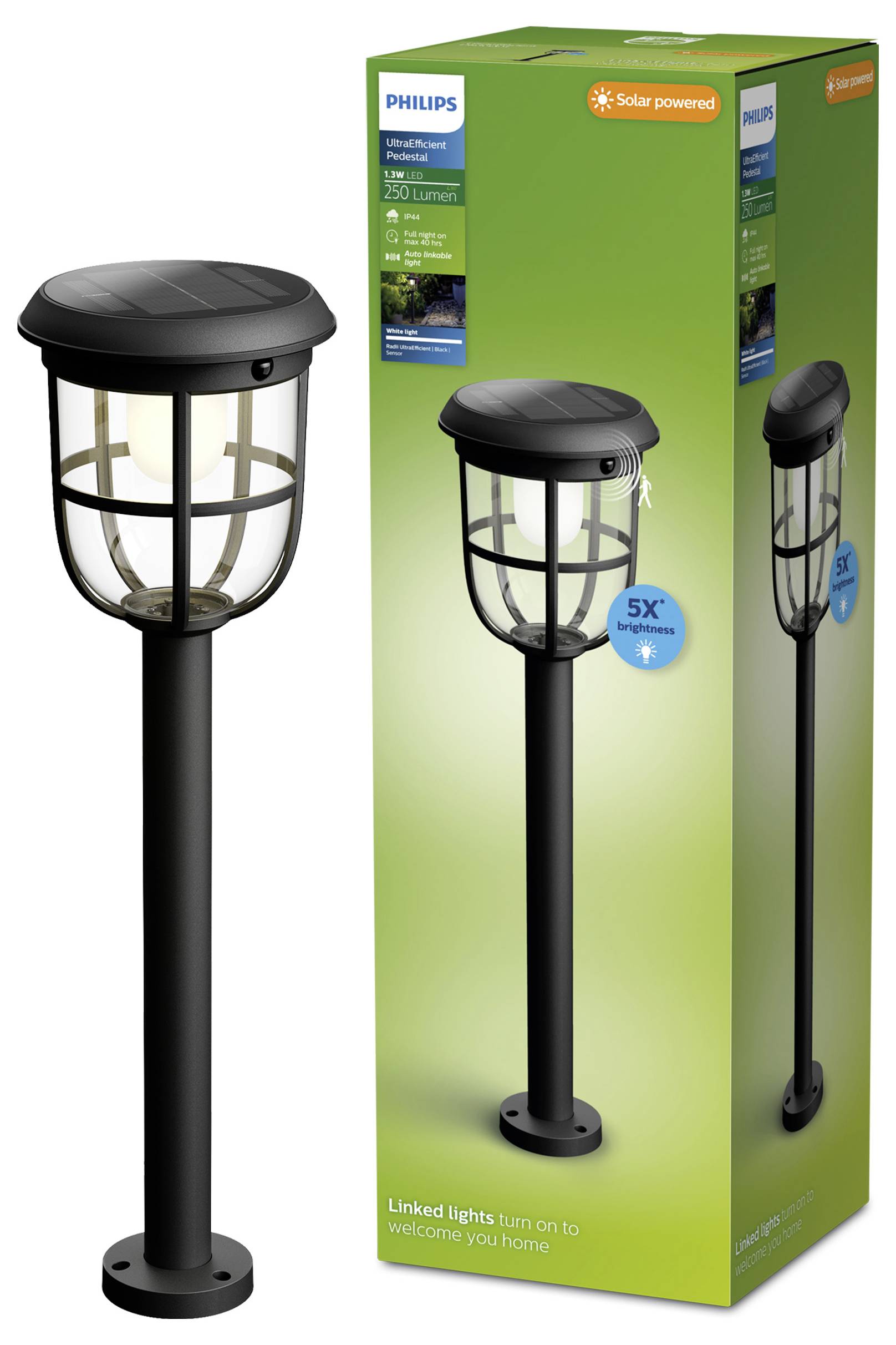 Lampadaire solaire Philips noir alimenté par énergie solaire montré à côté de sa boîte de produit verte, étiqueté 250 lumens et '5x plus lumineux' avec fonction de lumières connectées.