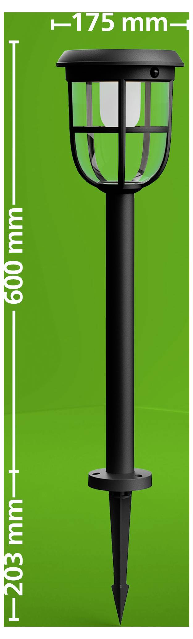 Lampadaire de jardin noir avec montage à pic sur fond vert, étiqueté 600 mm de hauteur plus 203 mm de pic, 175 mm de largeur.