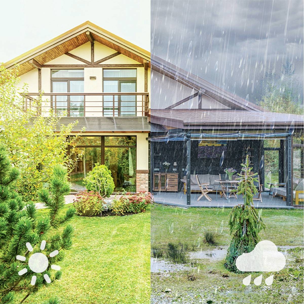 L'image montre une maison divisée en deux moitiés : à gauche sous le soleil, à droite sous la pluie. Des symboles représentent le soleil et des nuages avec de la pluie.
