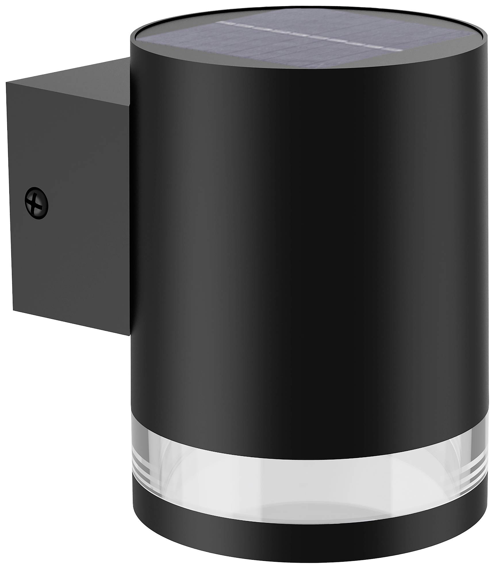 Un luminaire mural noir, cylindrique, équipé d'un panneau solaire sur le dessus. Fixation au mur par un support rectangulaire.