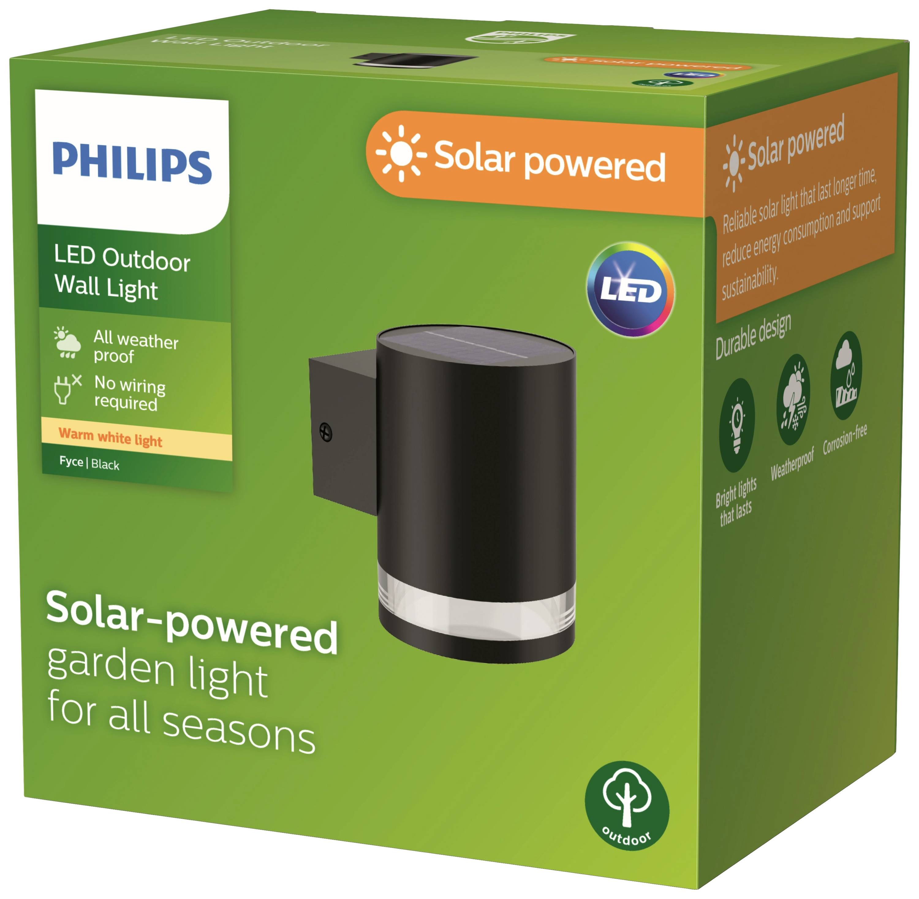Applique murale LED Philips, à énergie solaire. Aucun câblage nécessaire. Résistante aux intempéries, lumière chaude blanche. Adaptée à toutes les saisons.